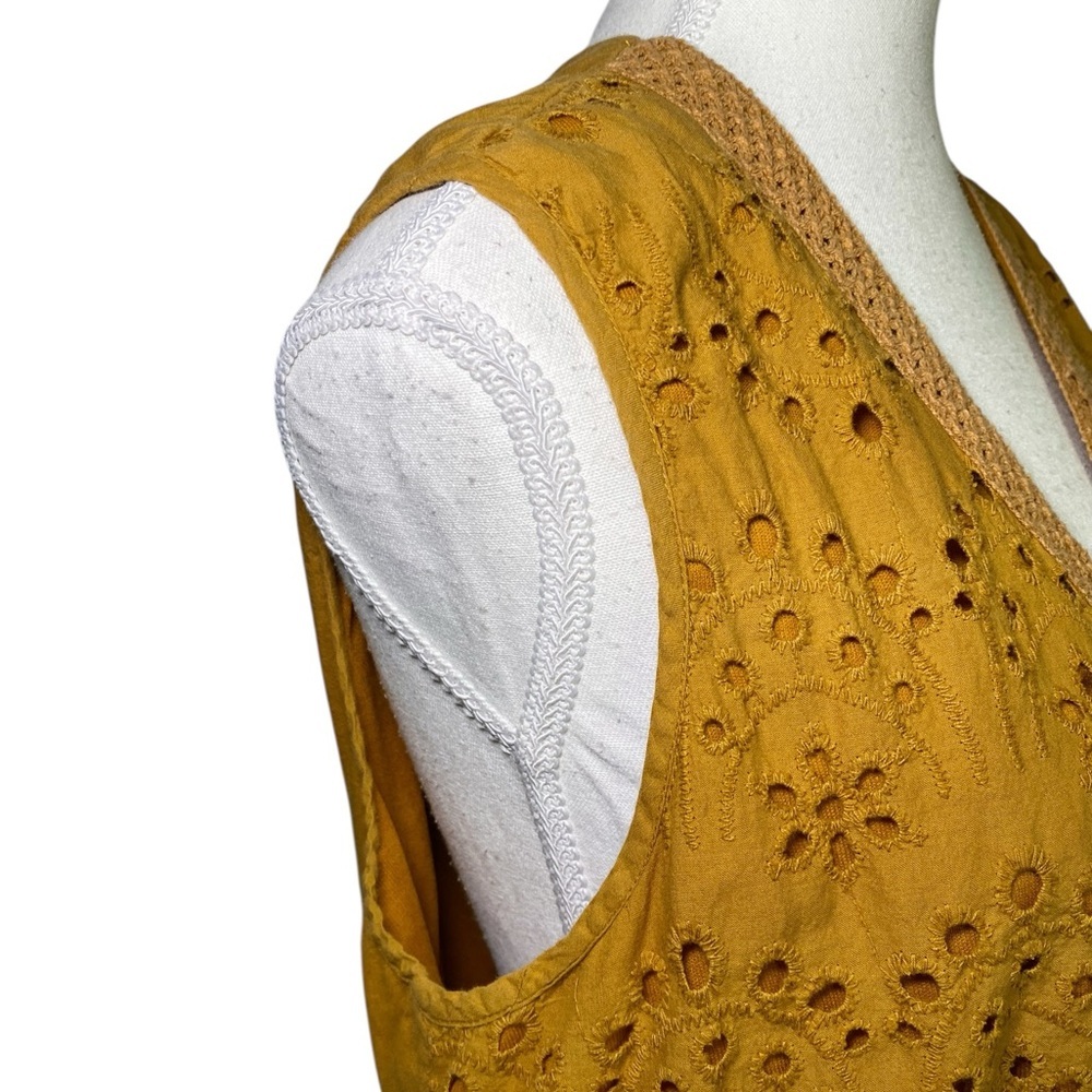 J Gee Mustard Yellow Boho Eyelet Tiered Midi Dress - Smocked Waist, V-Neck - Picture 6 of 16